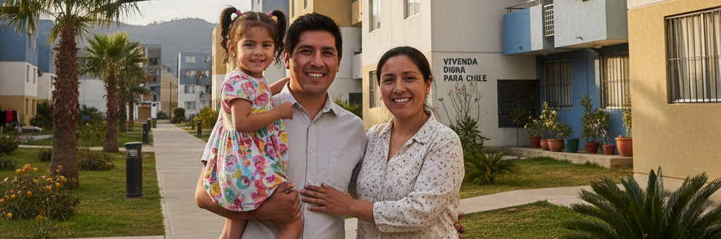 Familia en frente de viviendas sociales